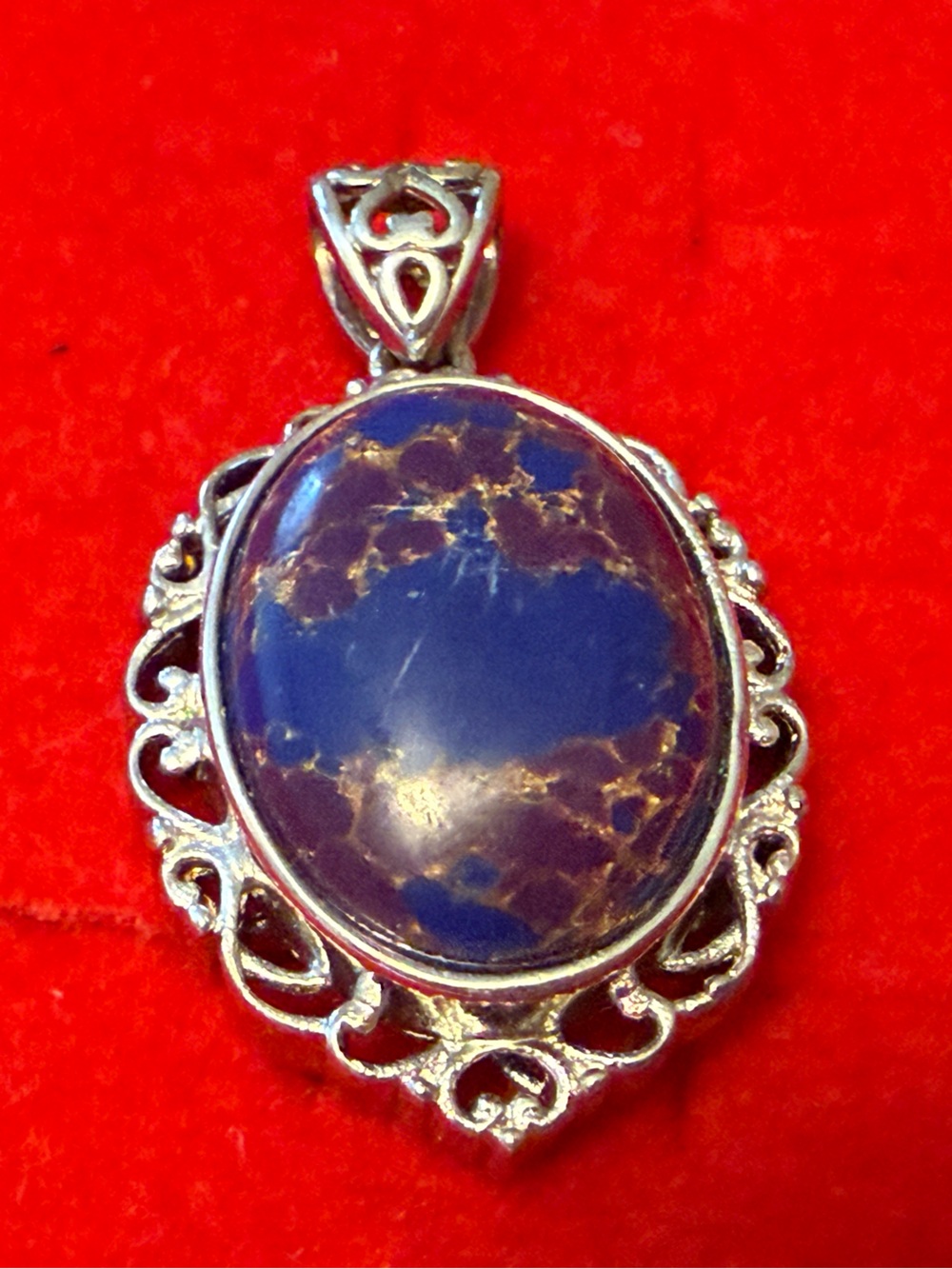 Silvertone Filigree Pendant Necklace with Blue Marbled Stone
